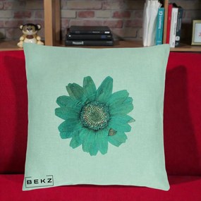Perna Decorativa Floare Gerbera Teal Acuarela, 40x40 cm, Verde Menta, Husa Detasabila, Perna Inclusa, BEKZ®