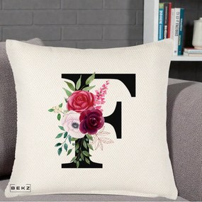 Cadou Personalizat - Perna Personalizata Monograma Florala Litera F, 40x40 cm, Crem Reliefat, Husa Detasabila, Perna Inclusa, BEKZ®