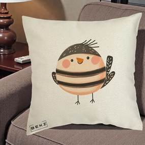 Perna Decorativa Pui Kawaii Bej-Negru Dungat, 40x40 cm, Ecru, Husa Detasabila, Perna Inclusa, BEKZ®