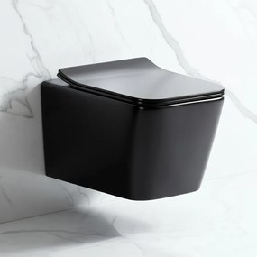Tina toaletă fără margine montată pe perete cu scaun cu închidere moale negru