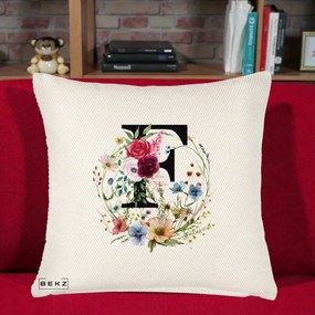 Cadou Personalizat - Perna Personalizata Monogram Litera F cu Flori Acuarela, 40x40 cm, Crem Reliefat, Husa Detasabila, Perna Inclusa, BEKZ®