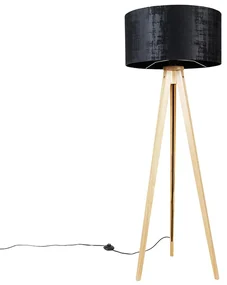 Lampă de podea din lemn cu abajur din stofă negru 50 cm - Tripod Classic
