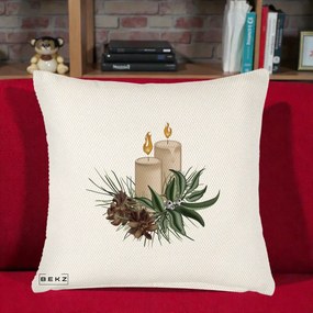 Perna Decorativa Lumanari cu Ilex si Conuri Ilustratie, 40x40 cm, Crem Reliefat, Husa Detasabila, Perna Inclusa, BEKZ®