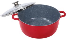 Cratiță din Aluminiu, 5 Litri, Termorezistentă, Interior din Granit (Anti-Aderent), Capac din Sticlă, Bază 3 Straturi (Inducție), Roșu