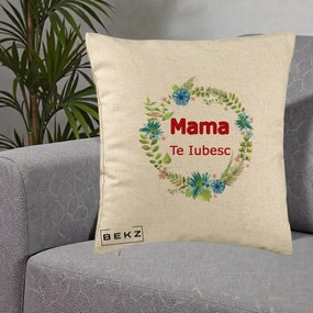Cadou pentru Mama - Perna Personalizata Mama Te Iubesc Flori Albastre, 40x40 cm, Bej, Husa Detasabila, Perna Inclusa, BEKZ®