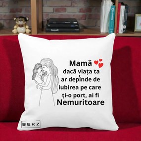 Cadou pentru Mama - Perna Personalizata Mama Nemuritoare cu Copilul in Poala, 40x40 cm, Alba Mata, Husa Detasabila, Perna Inclusa, BEKZ®
