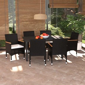 3095000 vidaXL Set mobilier de grădină cu perne, 7 piese, negru, poliratan