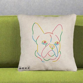 Perna Decorativa Bulldog Francez Line Art Curcubeu, 40x40 cm, Bej Canapea, Husa Detasabila, Perna Inclusa, BEKZ®