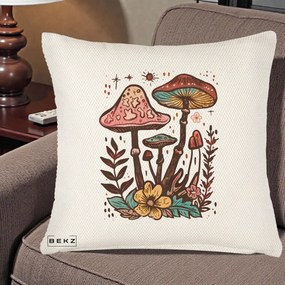 Perna Decorativa Ciuperci Boho Multicolore, 40x40 cm, Crem Reliefat, Husa Detasabila, Perna Inclusa, BEKZ®