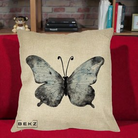 Perna Decorativa Fluture Acuarela Albastru-Gri, 40x40 cm, Crem, Husa Detasabila, Perna Inclusa, BEKZ®