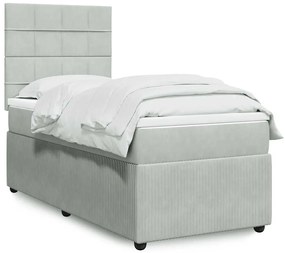 vidaXL Pat box spring cu saltea, gri deschis, 90x200 cm, catifea