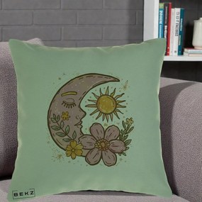 Perna Personalizata Luna si Soare Floral Boho, 40x40 cm, Verde, Husa Detasabila, Perna Inclusa, BEKZ®