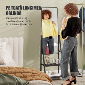HOMCOM Oglindă Verticală cu 2 Rafturi și 4 Rotile, Oglindă de Podea din Oțel și PAL, 42x37x155 cm, Negru | Aosom Romania
