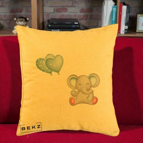 Perna Decorativa, Model Elefant si baloane in forma de inimioare, 40x40 cm, Galben, Husa Detasabila, Perna Inclusa, BEKZ®