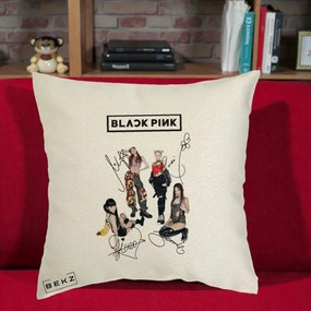 Perna Personalizata K-pop BLACKPINK Fotografie Grup Autografe Toate Membre, 40x40 cm, Ecru, Husa Detasabila, Perna Inclusa, BEKZ®