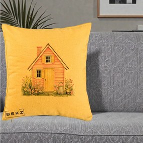 Perna Decorativa Casuta Roz Acuarela cu Gradina, 40x40 cm, Galben, Husa Detasabila, Perna Inclusa, BEKZ®