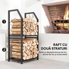 Outsunny Suport de Lemne din Oțel pe 2 Nivele cu 3 Cârlige Laterale 41x30x81cm Negru | Aosom Romania