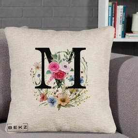 Cadou Personalizat - Perna Personalizata Monogram Litera M cu Flori Acuarela, 40x40 cm, Bej Canapea, Husa Detasabila, Perna Inclusa, BEKZ®