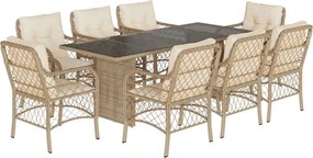 vidaXL Set de masă pentru grădină, 9 piese, cu perne, bej, poliratan