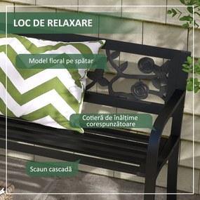 Outsunny Banca de Terasa, Canapea cu Cadru Metalic cu Spatar cu Model Floral pentru Gradina, Cotiere, pentru Gradina, Veranda, Negru