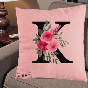 Cadou Personalizat - Perna Personalizata Monograma Florala Litera K, 40x40 cm, Roz, Husa Detasabila, Perna Inclusa, BEKZ®