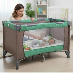 Patut Pliabil si Tarc copii Baby Care™ PRO FMG, 120X60 cm, 2 Niveluri de inaltime, Cu geanta transport inclusa, Plasa insecte, Maron cu Verde