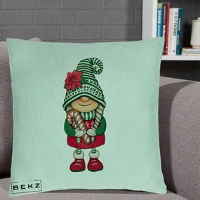 Perna Decorativa Gnom Craciun Verde cu Bomboane si Floare, 40x40 cm, Verde Menta, Husa Detasabila, Perna Inclusa, BEKZ®
