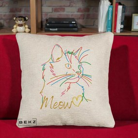 Perna Personalizata Pisica Meow Arta Linie Colorata, 40x40 cm, Bej Canapea, Husa Detasabila, Perna Inclusa, BEKZ®