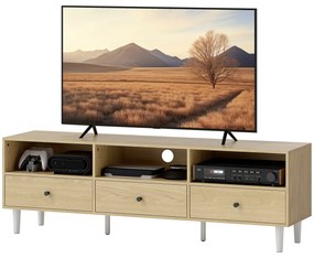 HOMCOM Mobilier TV pentru până la 75", cu 3 sertare, 3 rafturi deschise și canal pentru cabluri, 140 x 34 x 45 cm, lemn natural | Aosom Romania