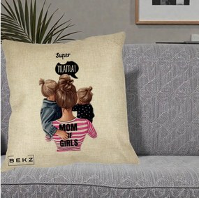 Cadou pentru Mama - Perna Personalizata Super Mama Mom of Girls, 40x40 cm, Crem, Husa Detasabila, Perna Inclusa, BEKZ®