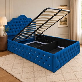 Pat tapițat Chesterfield din catifea Imperio Deluxe 160×200 cm, albastru, cu ladă de depozitare