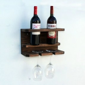 Suport din lemn pentru 2 sticle vin si 2 pahare Homs 32 x 20 x 15 cm, maro