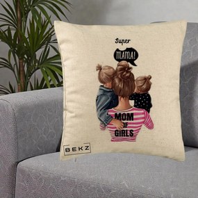 Cadou pentru Mama - Perna Personalizata Super Mama Mom of Girls, 40x40 cm, Bej, Husa Detasabila, Perna Inclusa, BEKZ®