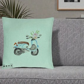 Perna Decorativa Scuter Albastru cu Flori Acuarela, 40x40 cm, Verde Menta, Husa Detasabila, Perna Inclusa, BEKZ®