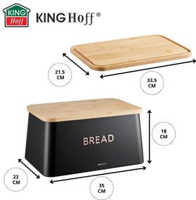 Cutie de paine cu capac pentru taiere Kinghoff KH-1948, 35 cm, Bambus, Otel, Negru