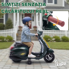 AIYAPLAY Motocicletă Electrică pentru Copii cu Licență Vespa, Baterie Reîncărcabilă 6V, Roți Laterale și Lumini, Vârsta 2-6 Ani, Verde Închis | Aosom Romania