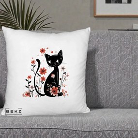 Perna Decorativa Pisica Neagra Flori Roz si Inimi, 40x40 cm, Alb Pufos, Husa Detasabila, Perna Inclusa, BEKZ®