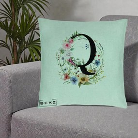 Cadou Personalizat - Perna Personalizata Monogram Litera Q cu Flori Acuarela, 40x40 cm, Verde Menta, Husa Detasabila, Perna Inclusa, BEKZ®
