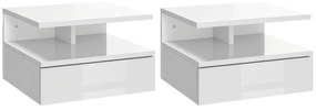 HOMCOM Set de 2 Noptiere Suspendate cu Raft Superior, Design Modern, Lemn, Alb Lucios, 35x32x22.5cm | Aosom Romania