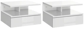 HOMCOM Set de 2 Noptiere Suspendate cu Raft Superior, Design Modern, Lemn, Alb Lucios, 35x32x22.5cm | Aosom Romania