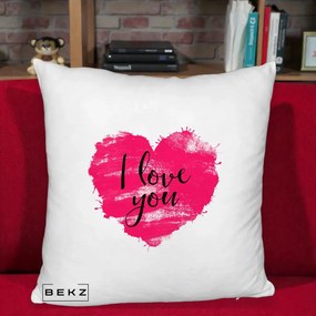 Cadou Romantic - Perna Personalizata I Love You Inima Roz, 40x40 cm, Alb Pufos, Husa Detasabila, Perna Inclusa, BEKZ®