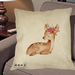 Perna Decorativa Caprioara cu Flori in Coama, 40x40 cm, Crem, Husa Detasabila, Perna Inclusa, BEKZ®