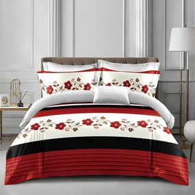 Lenjerie pat dublu cu două feţe  4 piese  Bumbac Satinat Superior  Rosu  flori