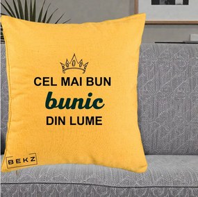 Cadou pentru Bunic - Perna Personalizata Cel Mai Bun Bunic Din Lume Coroana Albastra, 40x40 cm, Galben, Husa Detasabila, Perna Inclusa, BEKZ®