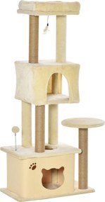 PawHut Ansamblu de joacă pentru Pisici Înalt 136 cm cu Căsuță Detașabilă, Căsuță și Pătuț, Stâlpi din Iută, Bej | Aosom Romania