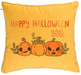 Perna Decorativa cu motiv Dovleac si Text de Halloween, Multicolor, 40x40 cm, Galben, Husa Detasabila, Burduf