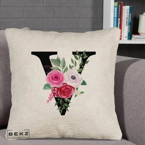 Cadou Personalizat - Perna Personalizata Monograma Florala Litera V cu Buchet, 40x40 cm, Bej Canapea, Husa Detasabila, Perna Inclusa, BEKZ®