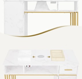 MANIAU201 - Masuta manichiura, 112 cm, cu aspirator incorporat, masa cosmetica - Alb - Imitatie de marmura - Auriu
