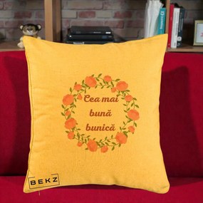 Cadou pentru Bunica - Perna Personalizata Cea Mai Buna Bunica Coronita Trandafiri Roz Clasic, 40x40 cm, Galben, Husa Detasabila, Perna Inclusa, BEKZ®