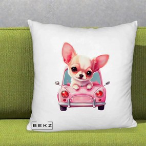 Perna Decorativa Chihuahua Roz in Masinuta, 40x40 cm, Alb Pufos, Husa Detasabila, Perna Inclusa, BEKZ®